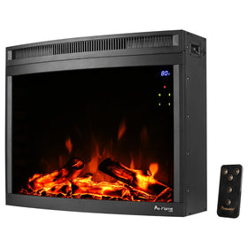 e-Flame USA Edmonton LED Electric Fireplace Stove Insert (Curved) 28-inches Wide with Digital Screen and Remote Features Heater and Fan Settings with Realistic Brightly Burning Fire and Logs