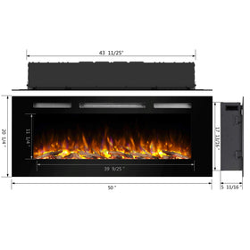 PuraFlame Alice 50" Recessed Electric Fireplace, Wall Mounted for 2 X 6 Stud, Log Set & Crystal, 1500W Heater, Black