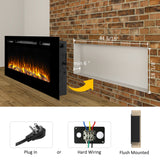 PuraFlame Alice 50" Recessed Electric Fireplace, Wall Mounted for 2 X 6 Stud, Log Set & Crystal, 1500W Heater, Black